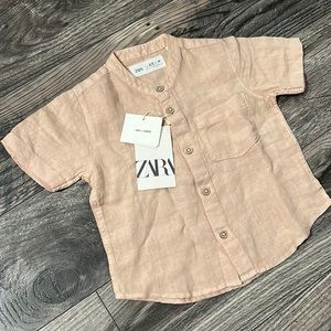 Zara linen dress shirt baby boy 9-12 months new pink/tan